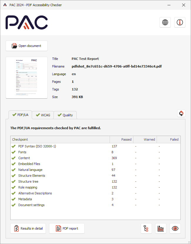 PAC Checker interface showing accessibility validation